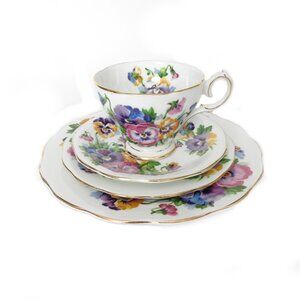 Tea Cup Set Queen Anne Spring Melody Fine Bone China England Pansies 4 Pieces